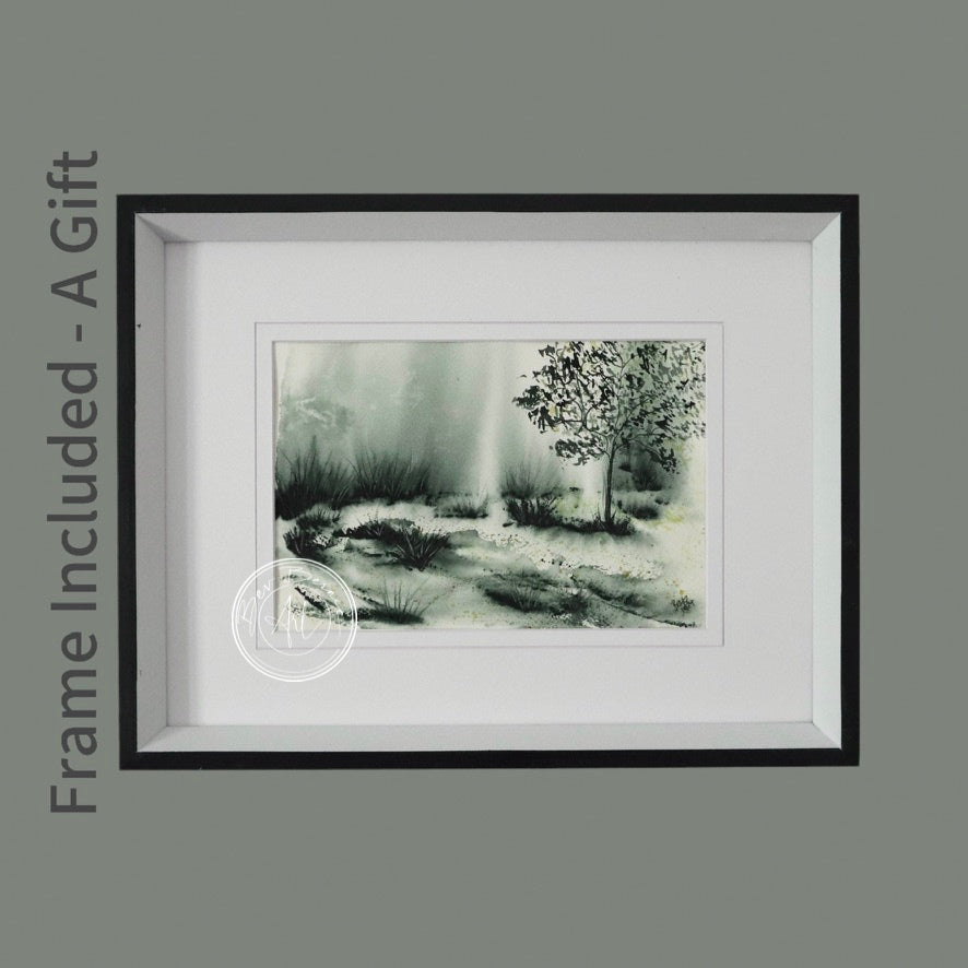Abstract black and white watercolour landscape with a central tree, suggesting a minimalist field, matted in white and framed in black.