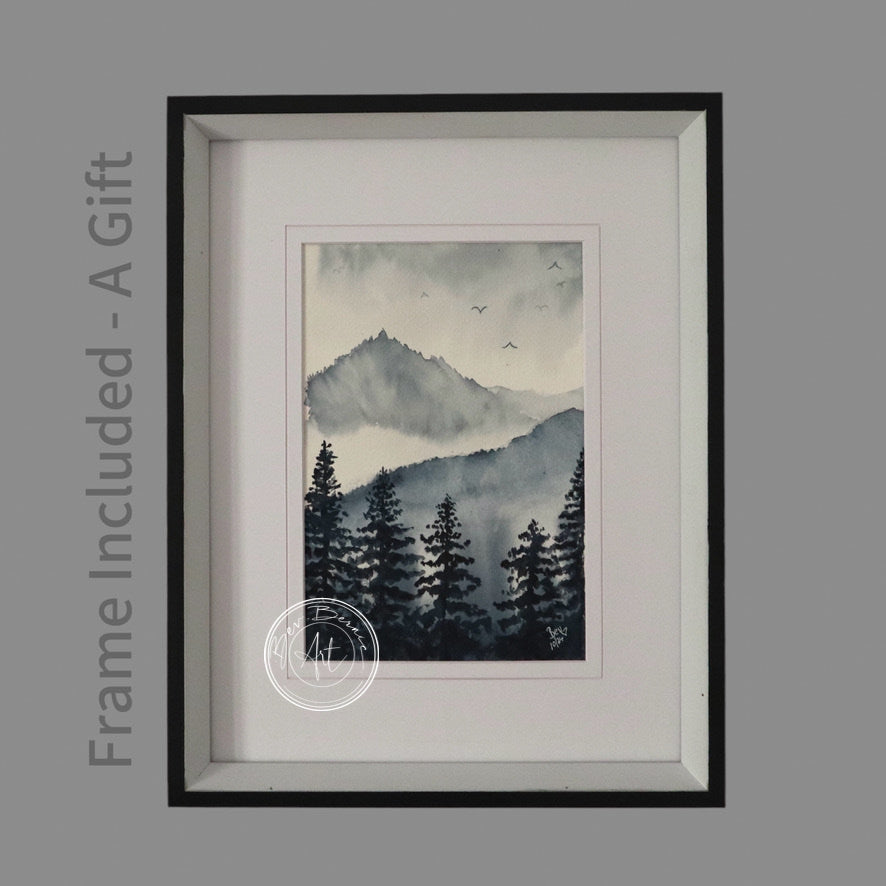 Watercolour painting of a misty mountain landscape with evergreen trees in the foreground, in shades of grey and white, framed in a thin black frame with a white mat.