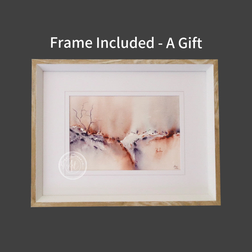 Watercolour painting of an abstract landscape in shades of brown, white, and purple. Framed in a wooden frame with white mat.