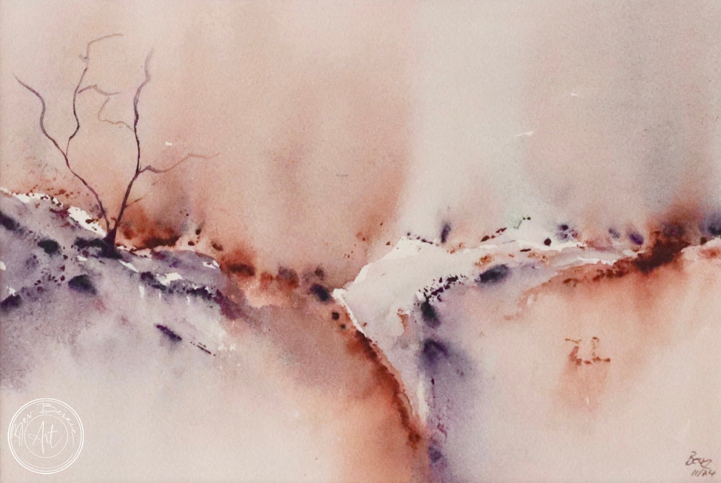 Watercolour painting of an abstract landscape in shades of brown, white, and purple.