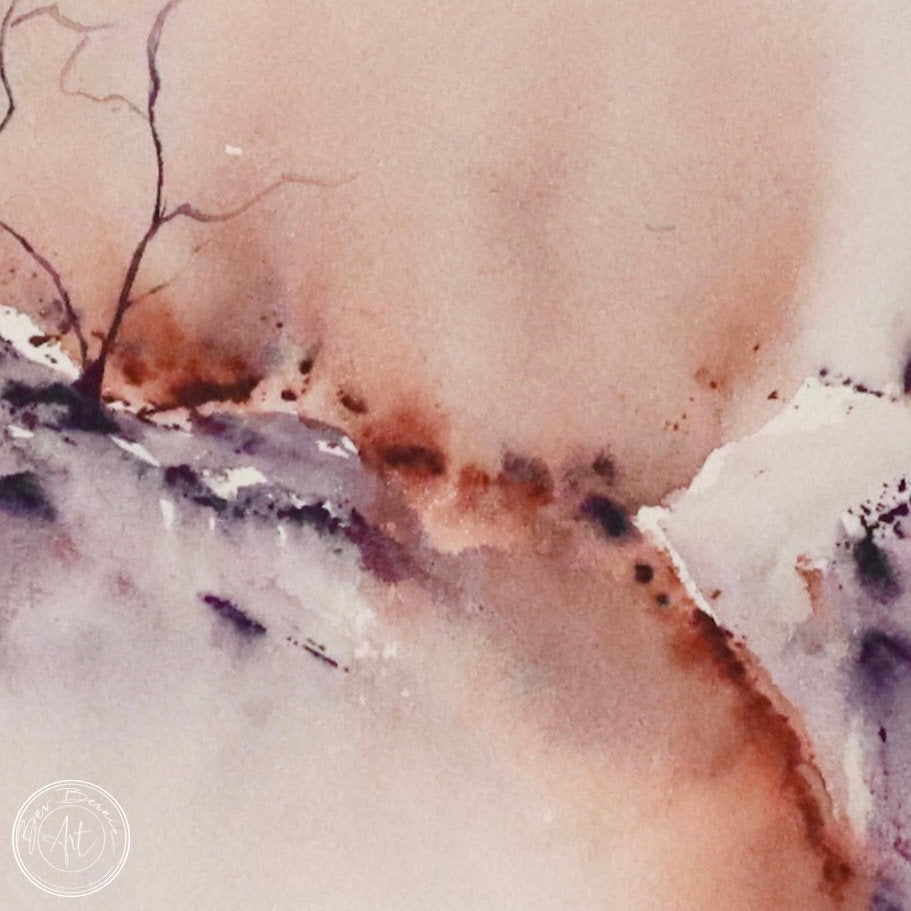 Watercolour painting of an abstract landscape in shades of brown, white, and purple.