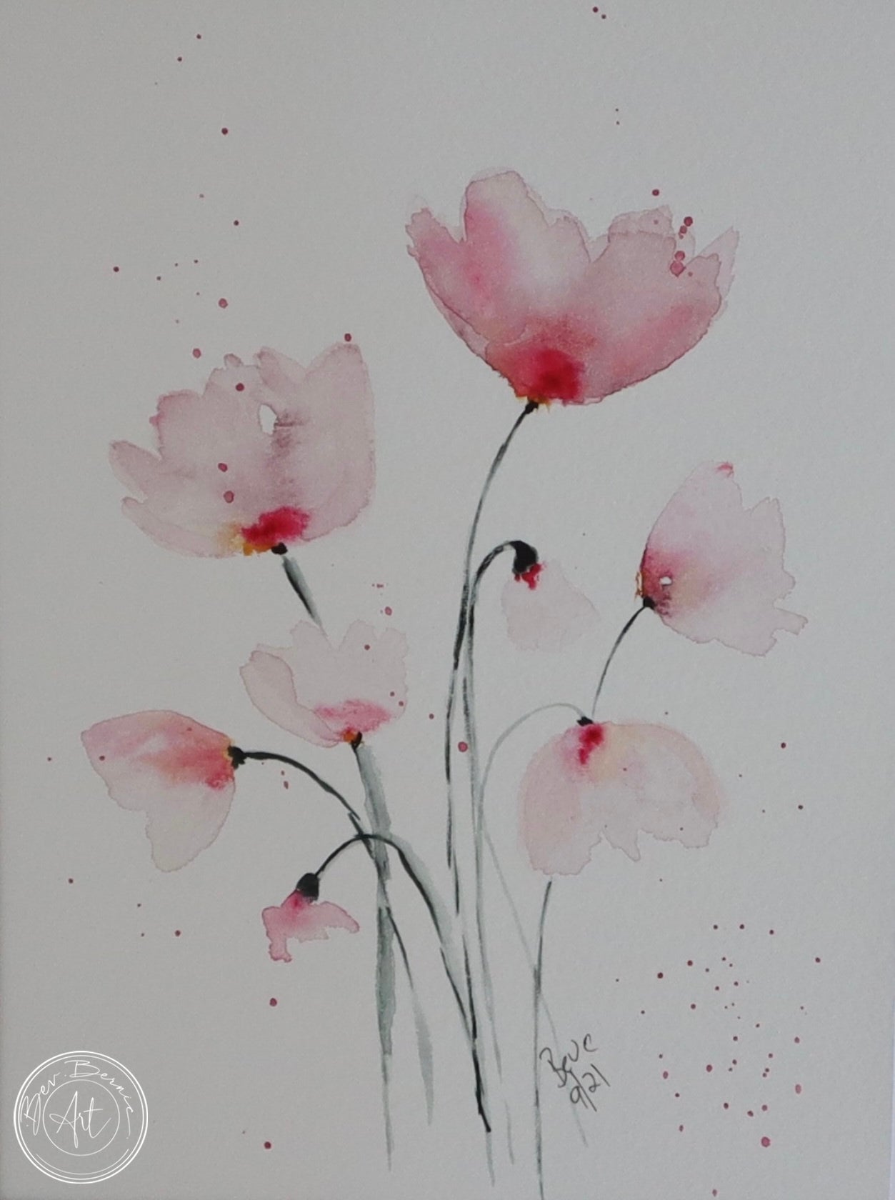 Watercolour painting of a bouquet of pink flowers in a loose, impressionistic style.