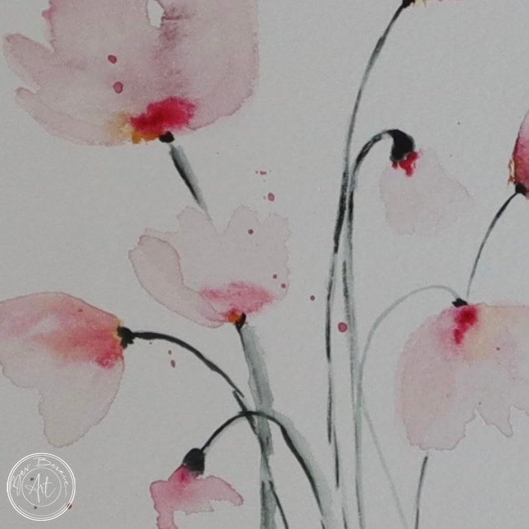 Watercolour painting of a bouquet of pink flowers in a loose, impressionistic style.