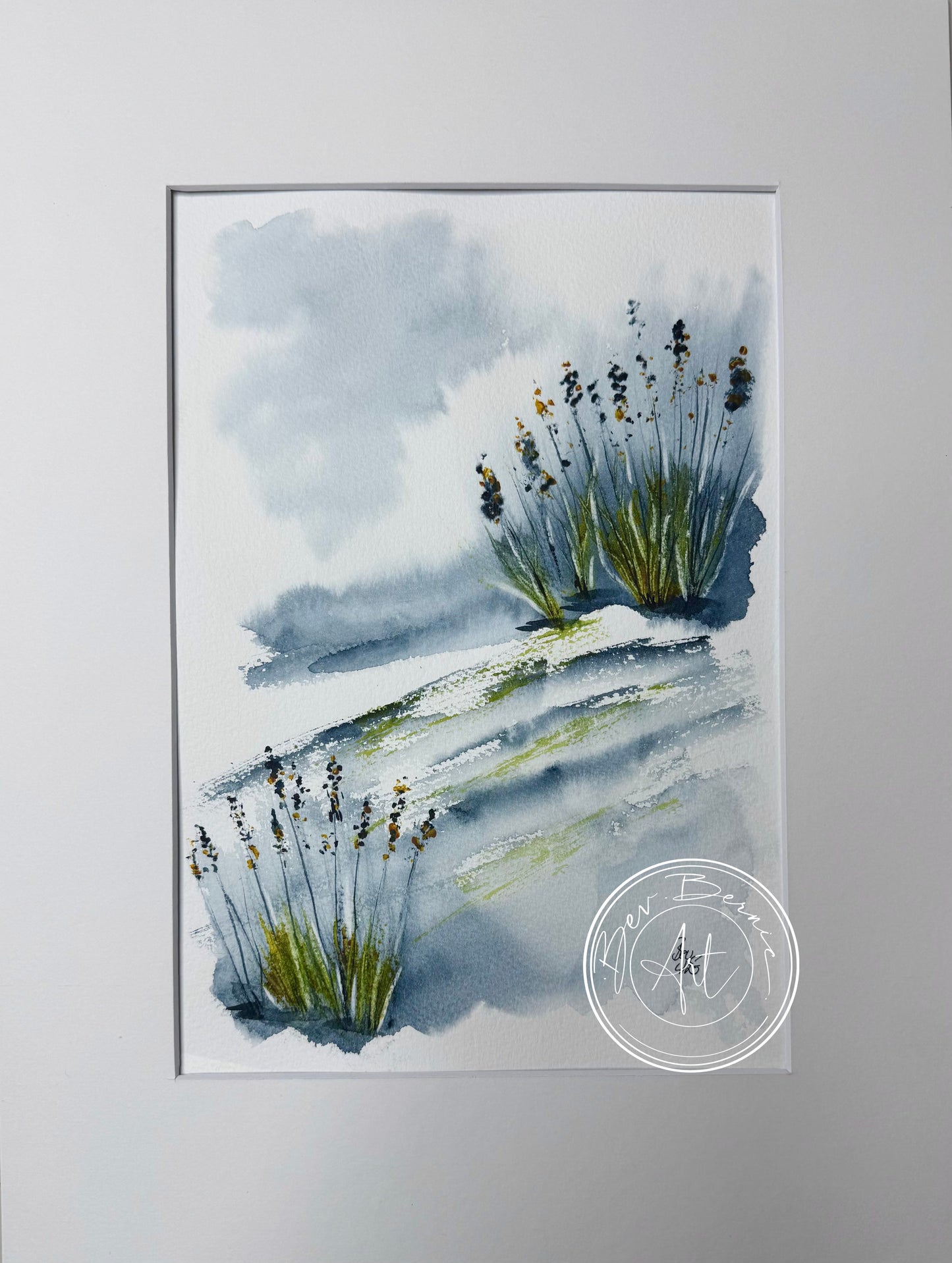 Artistic depiction of plants on a textured surface with a signature in the corner.