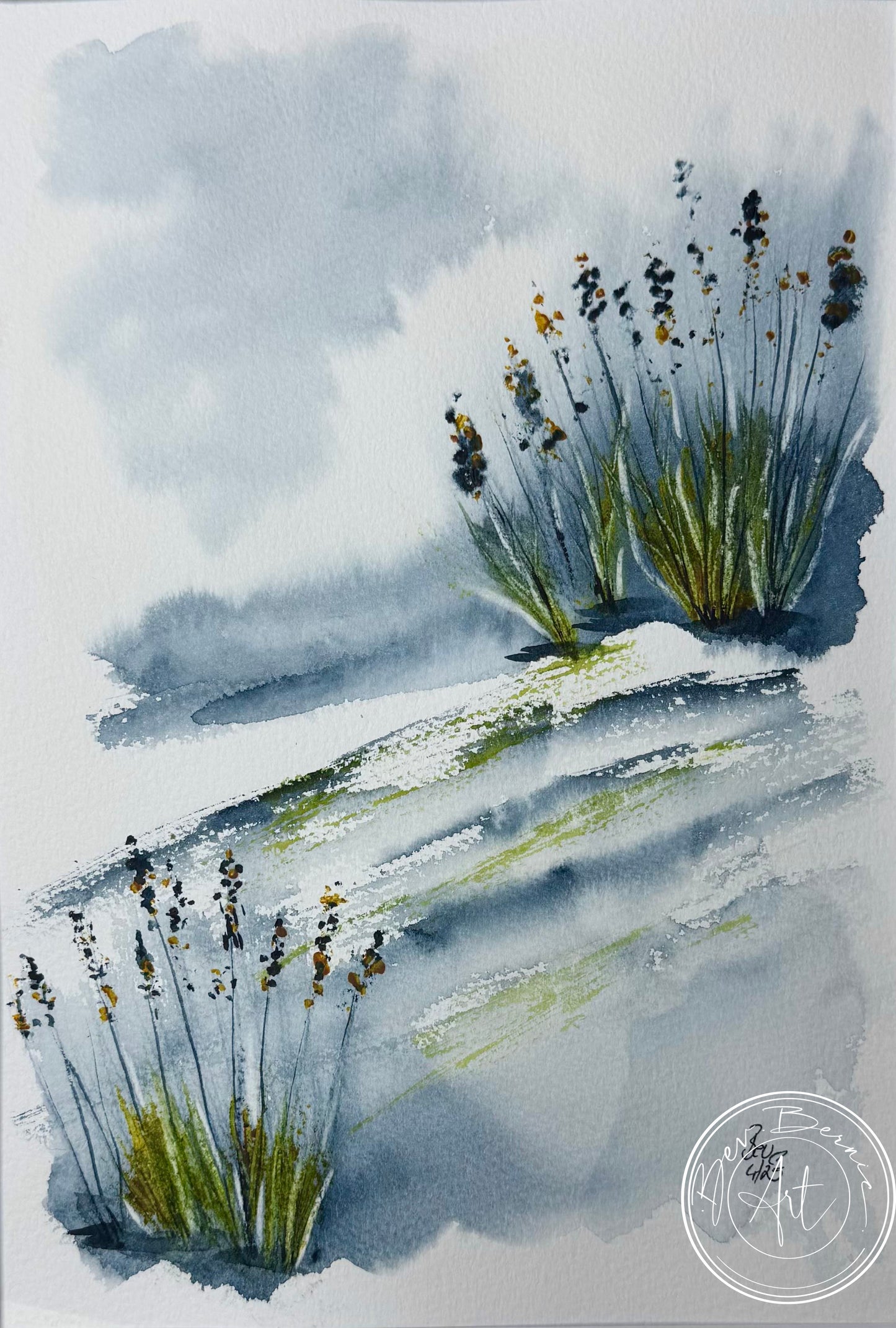 Watercolor painting of grasses on a textured surface with a signature in the corner.