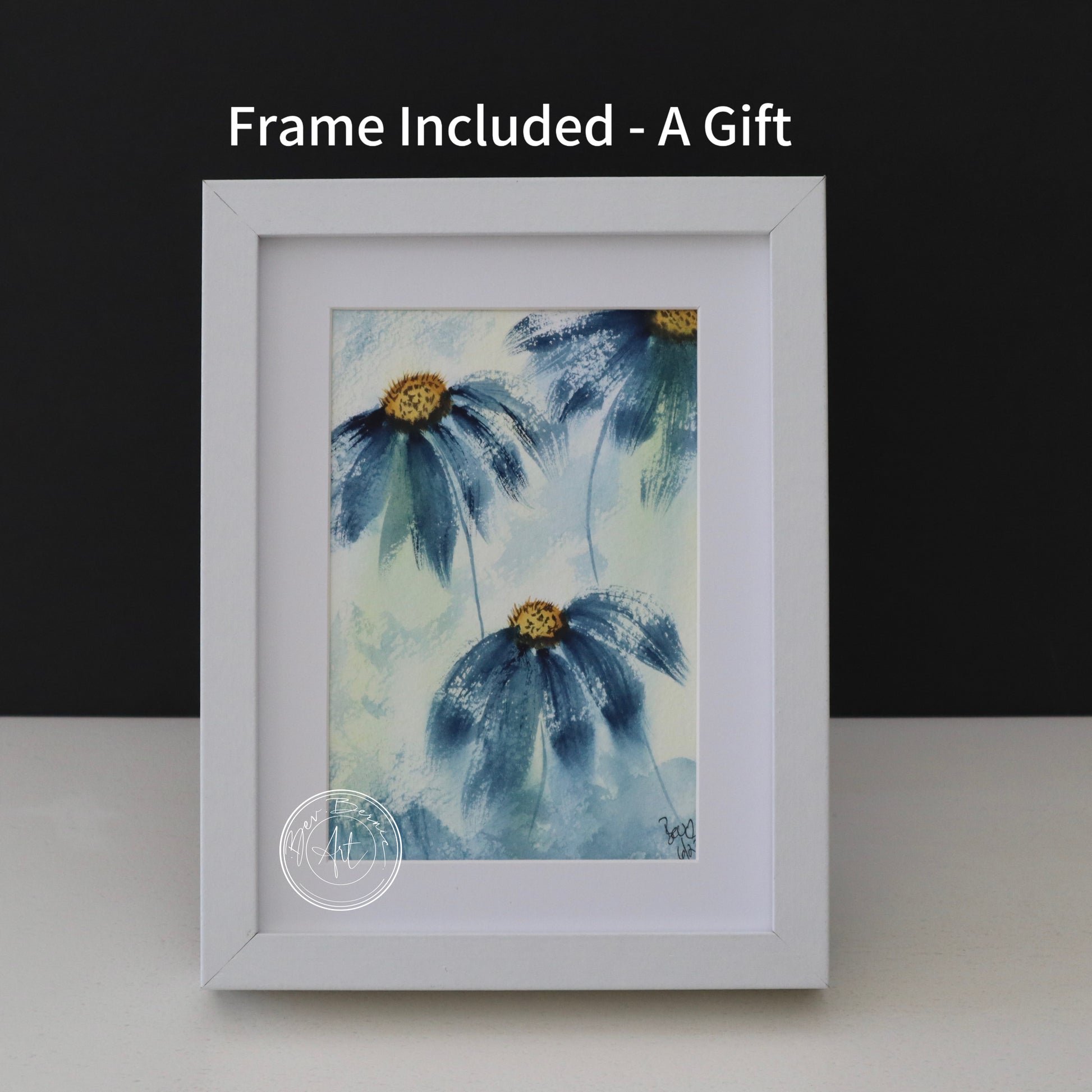 Watercolour painting of three blue flowers in a loose, impressionistic style. In a white frame with white mat.
