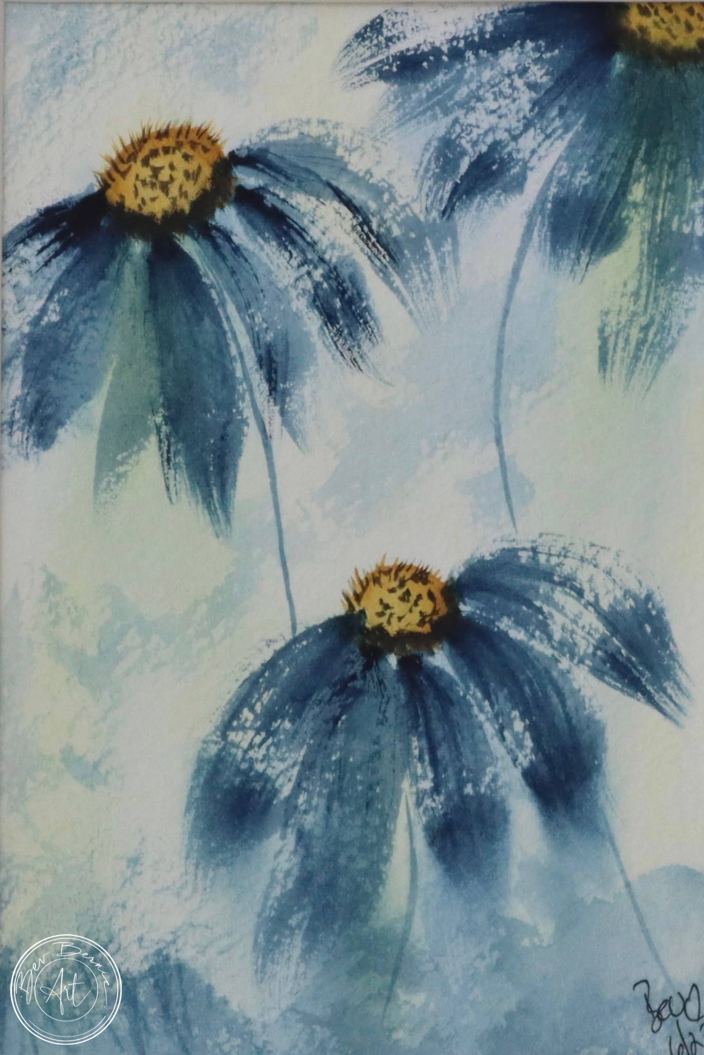 Watercolour painting of three blue flowers in a loose, impressionistic style.