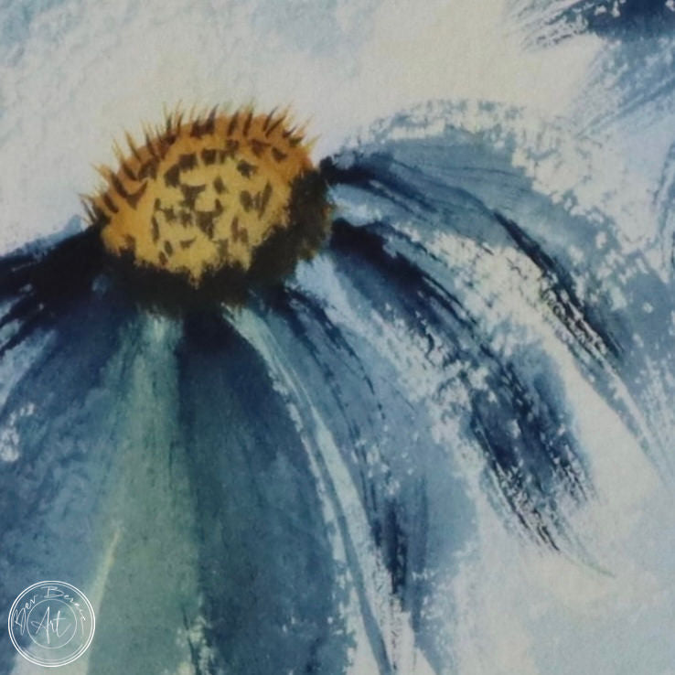 Watercolour painting of three blue flowers in a loose, impressionistic style.