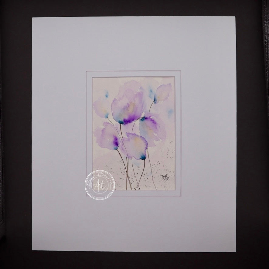 Main view of Lavender’s Dream No. 2, an abstract watercolour painting featuring soft lavender, blue, and yellow floral tones, mounted in a white mat.