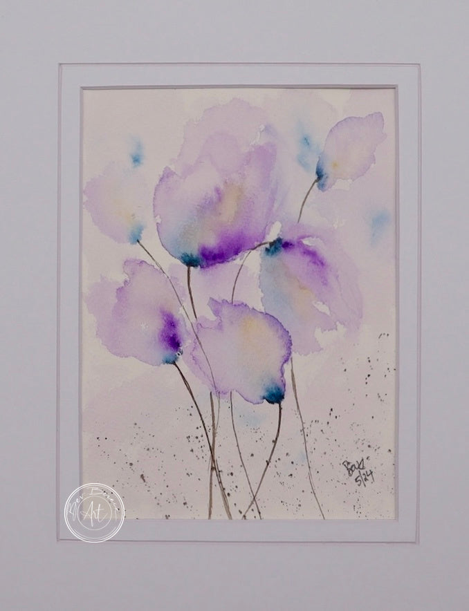 Close-up view of Lavender’s Dream No. 2, highlighting the soft lavender and blue floral details in this abstract watercolour painting.