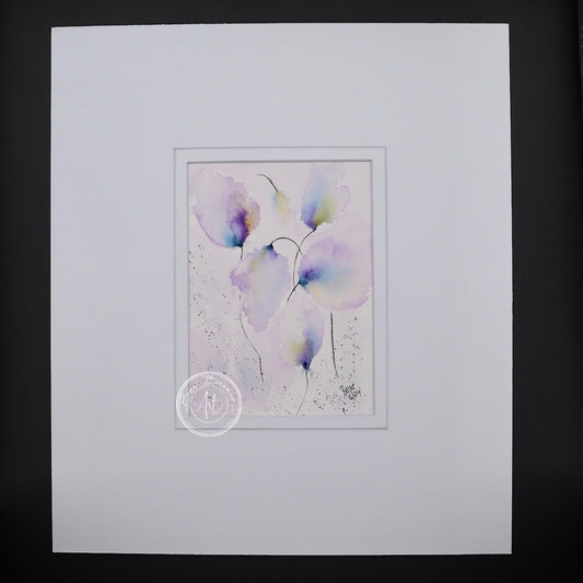 Main view of Lavender’s Dream No. 3, an abstract watercolour painting featuring soft lavender, blue, and yellow floral tones, mounted in a white mat.