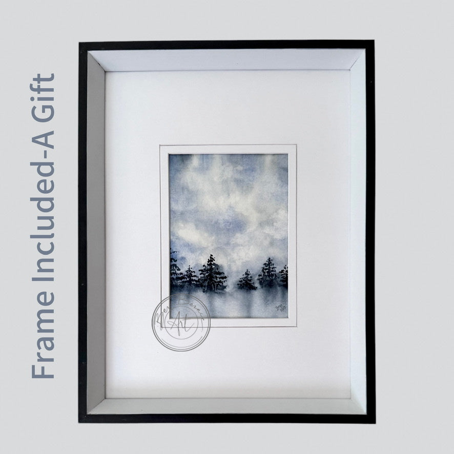 Watercolour painting of a misty forest landscape in shades of blue, framed in a black frame with a white mat.
