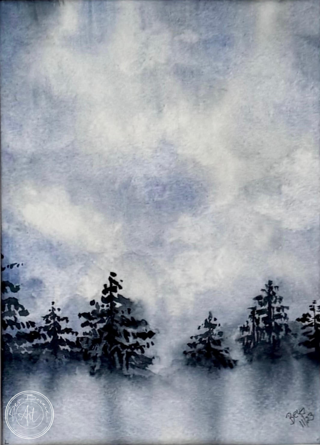 Watercolour painting of a misty forest landscape in shades of blue.