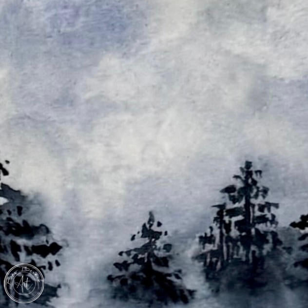 Watercolour painting of a misty forest landscape in shades of blue.