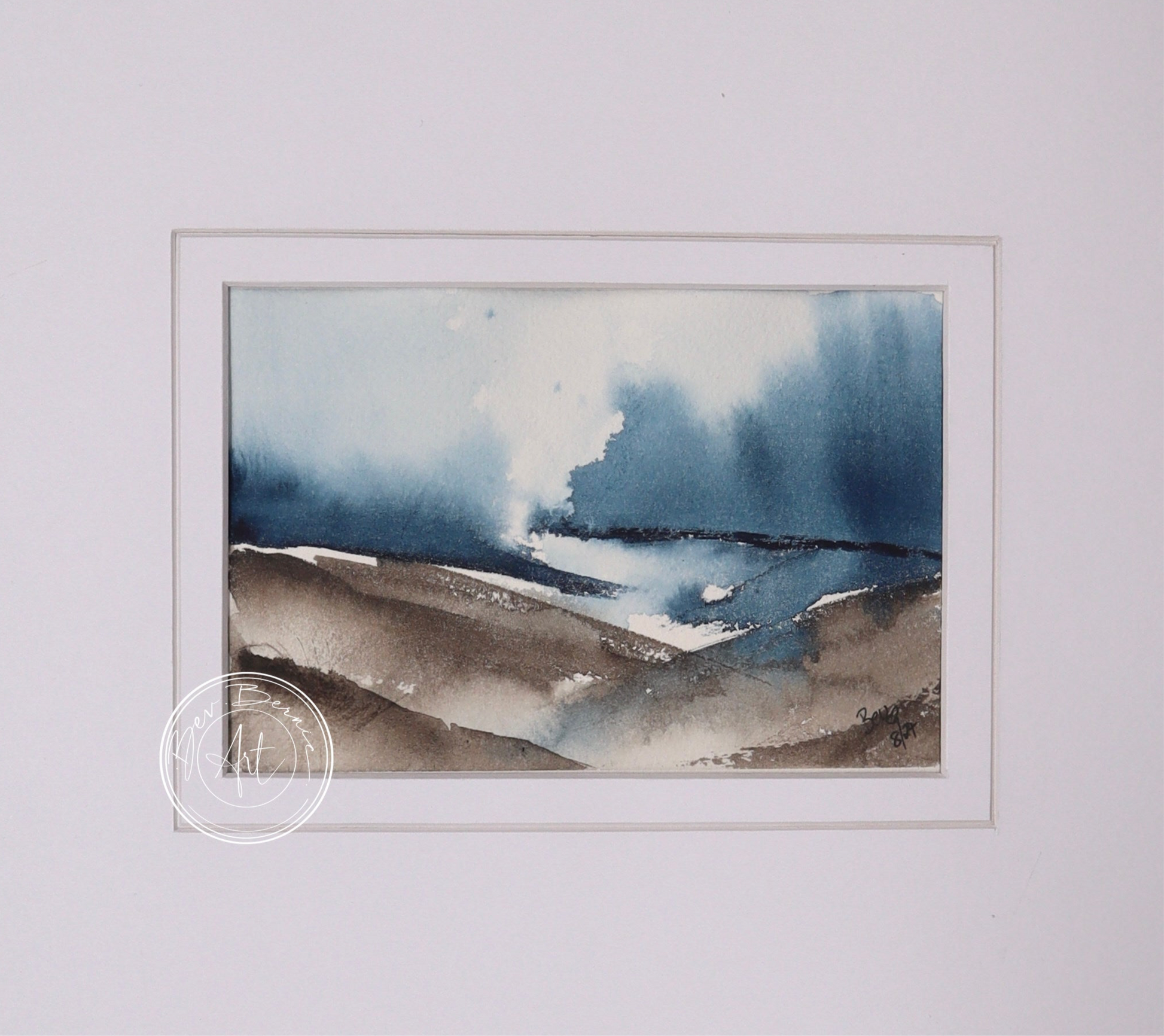 Close-up view of Misty Highlands No. 1, highlighting the rich indigo brushwork in the sky.