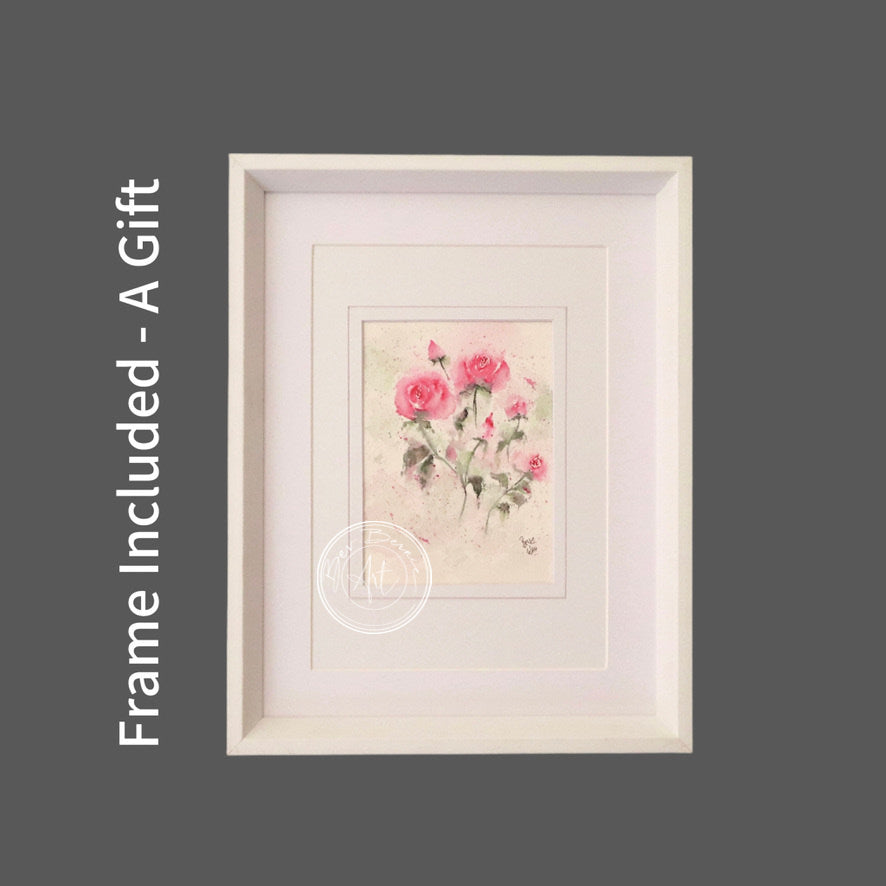 Watercolour painting of several pink roses with green leaves on a textured, off-white background, framed in a white frame with a white mat.