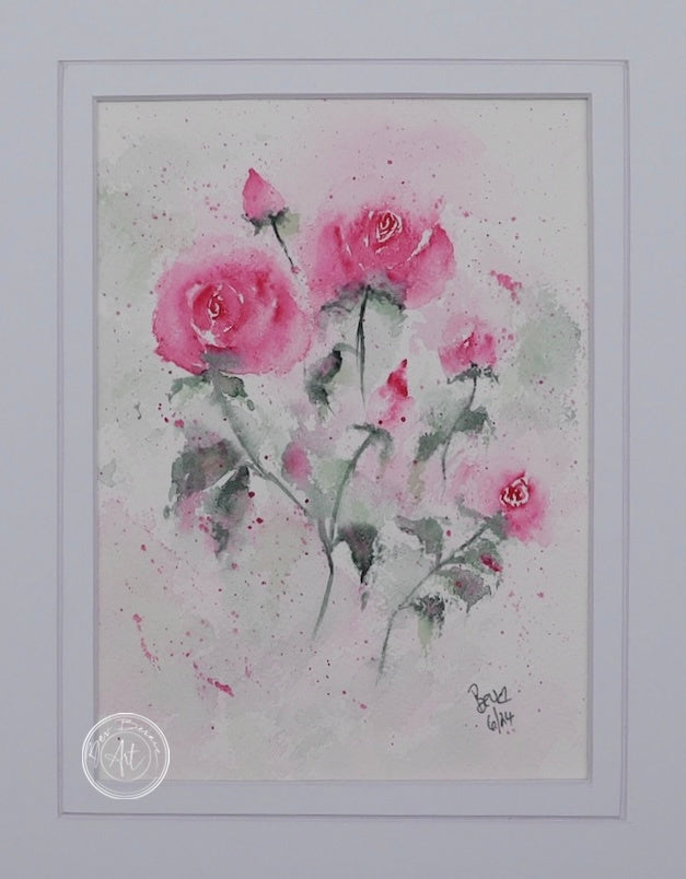 Main view of Pink Rose Posy, featuring a delicate bouquet of pink roses painted in watercolour, mounted in a white mat.