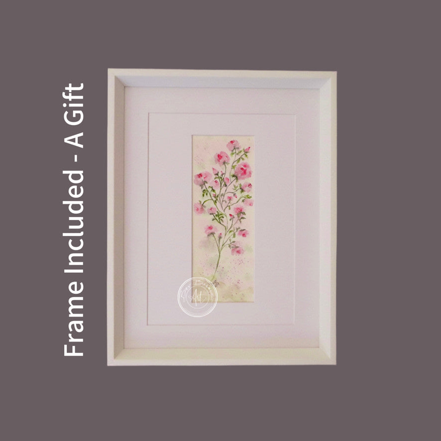Watercolour painting of a vertical stem with small pink blossoms and green leaves on a textured, off-white background, framed in a white frame with a white mat.