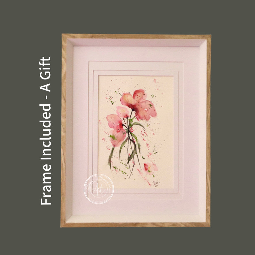 Watercolour painting of pink flowers with green stems and leaves, in a light wood frame.