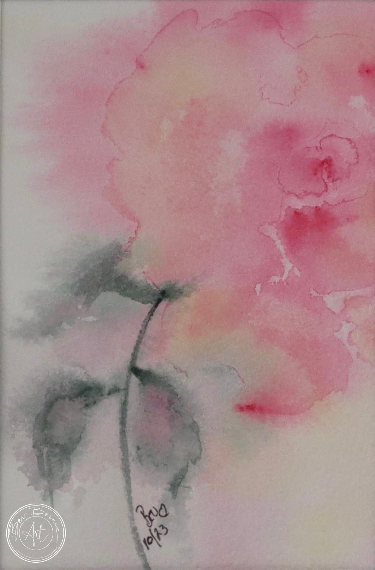 Watercolour painting of a pink rose in a loose, impressionistic style.