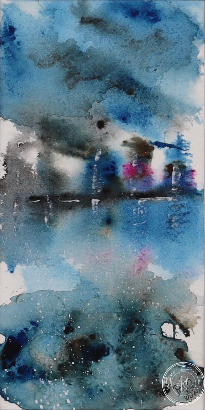 Abstract watercolour painting in blues and greys with touches of red and pink. It might depict a rainy cityscape reflected in water.
