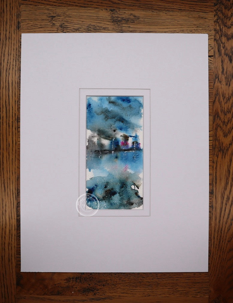 Abstract watercolour painting in blues and greys with touches of red and pink. It might depict a rainy cityscape reflected in water.
