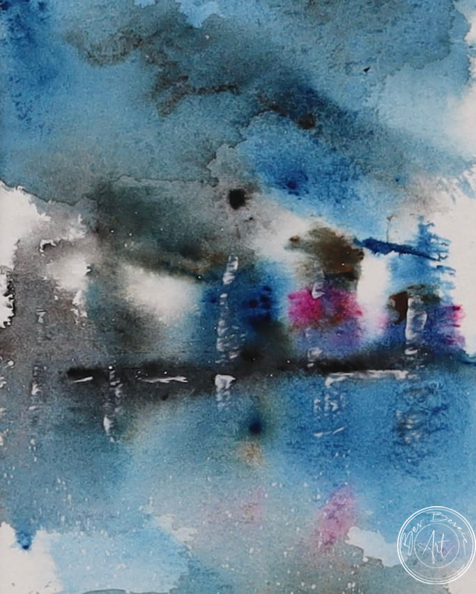 Abstract watercolour painting in blues and greys with touches of red and pink. It might depict a rainy cityscape reflected in water.