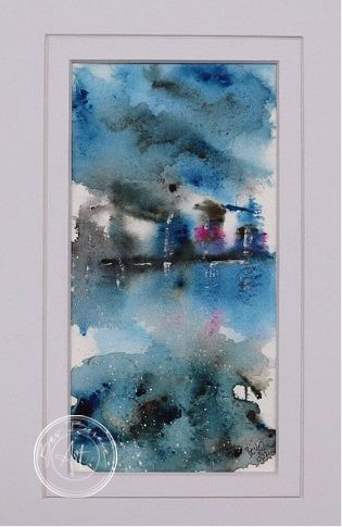Abstract watercolour painting in blues and greys with touches of red and pink. It might depict a rainy cityscape reflected in water.
