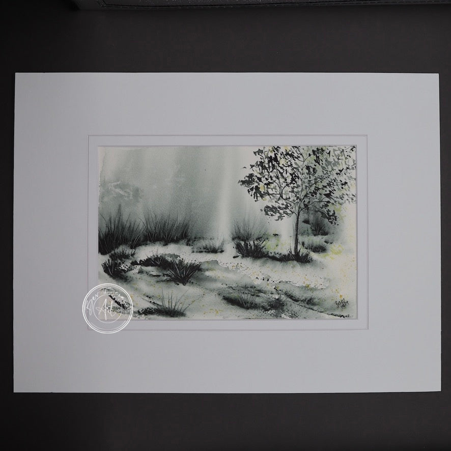 A misty landscape painted in watercolour with a lone tree in the centre.  The colours are mostly greens, greys, and black.
