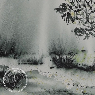 A misty landscape painted in watercolour with a lone tree in the centre.  The colours are mostly greens, greys, and black.