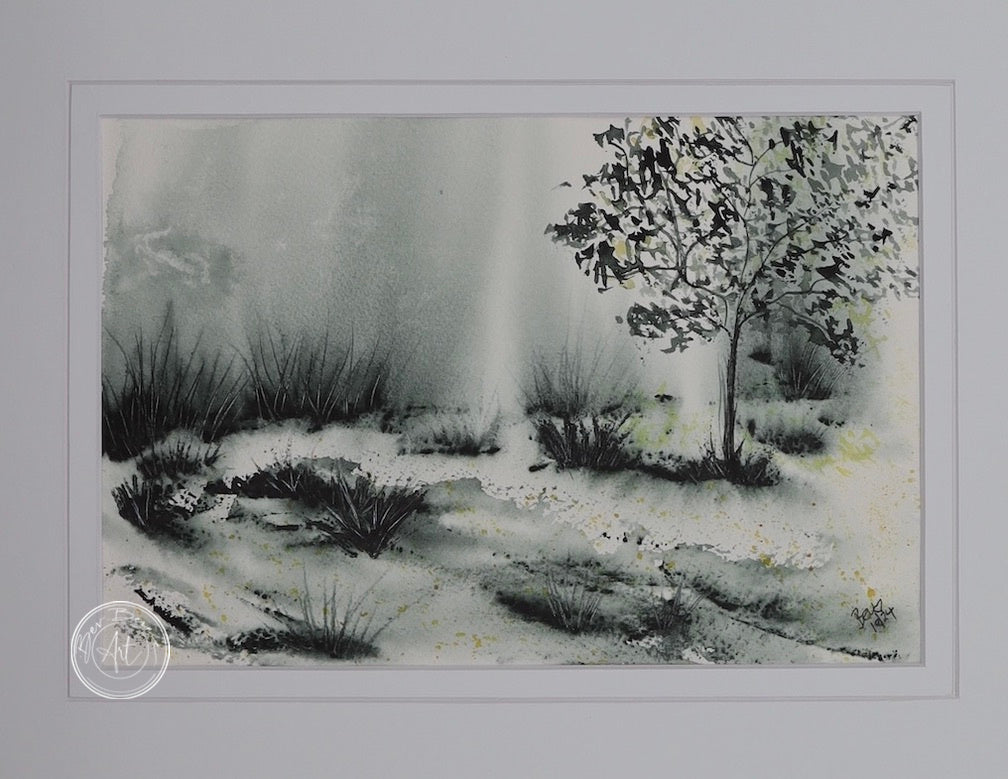 A misty landscape painted in watercolour with a lone tree in the centre.  The colours are mostly greens, greys, and black.