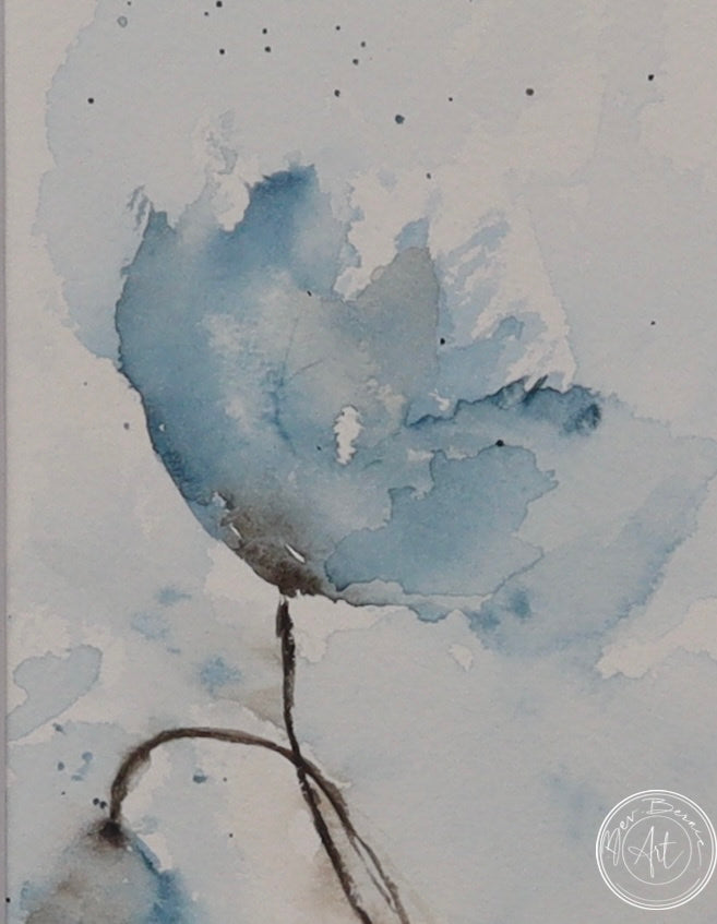 Watercolour painting of a blue flower with a thin stem, set against a pale blue background.
