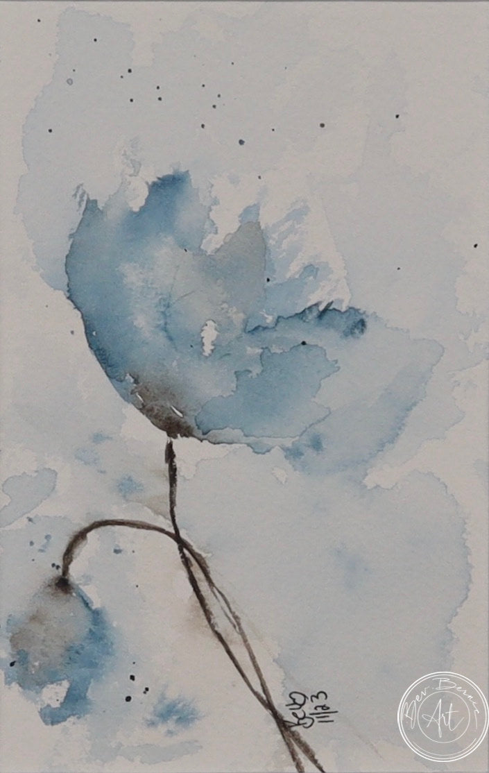 Watercolour painting of a blue flower with a thin stem, set against a pale blue background.