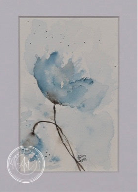 Watercolour painting of a blue flower with a thin stem, set against a pale blue background.