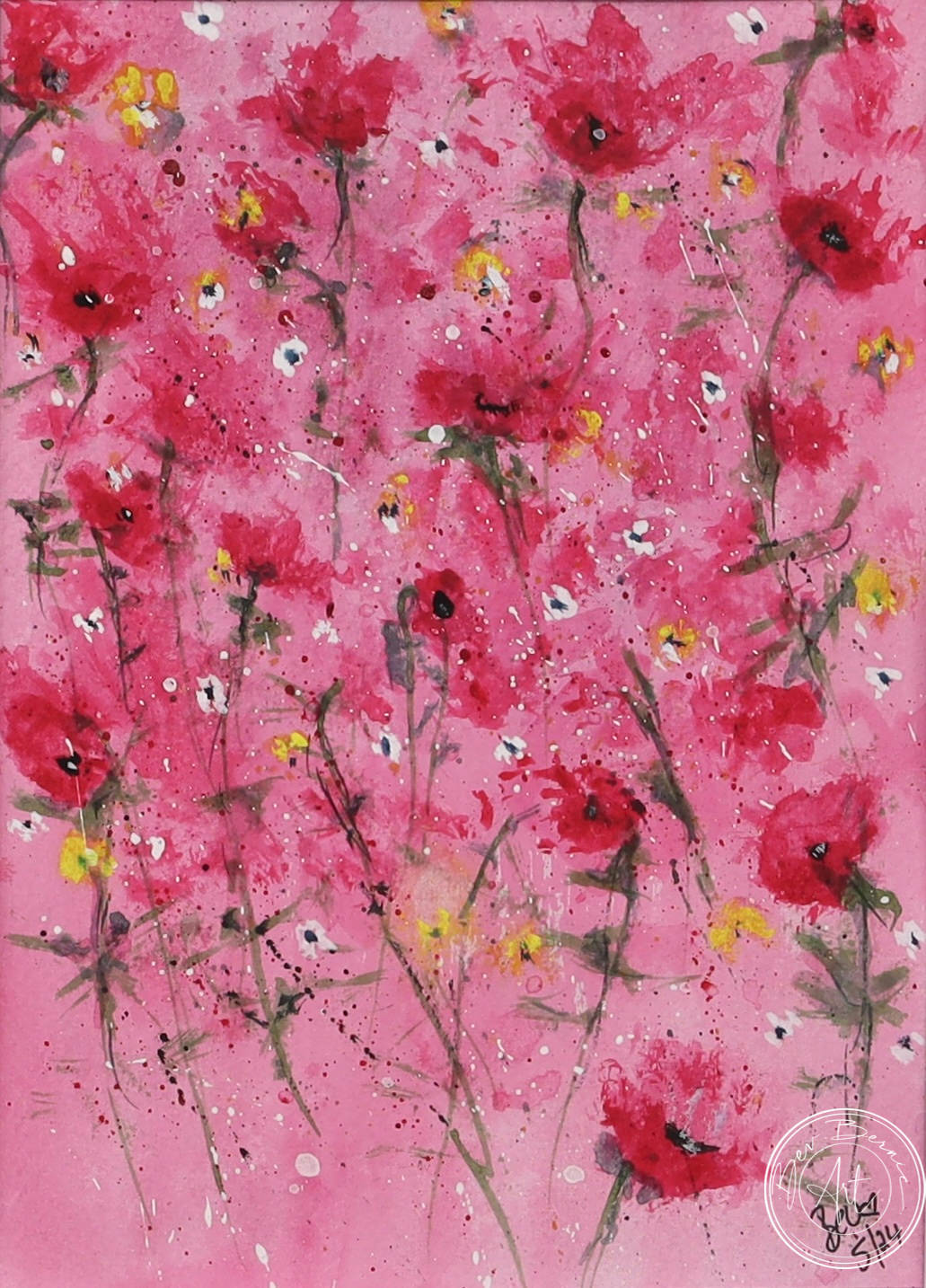 Watercolor painting of red poppies with yellow centers scattered across a bright pink background.