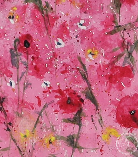 Watercolour painting of red poppies with yellow centres scattered across a bright pink background.