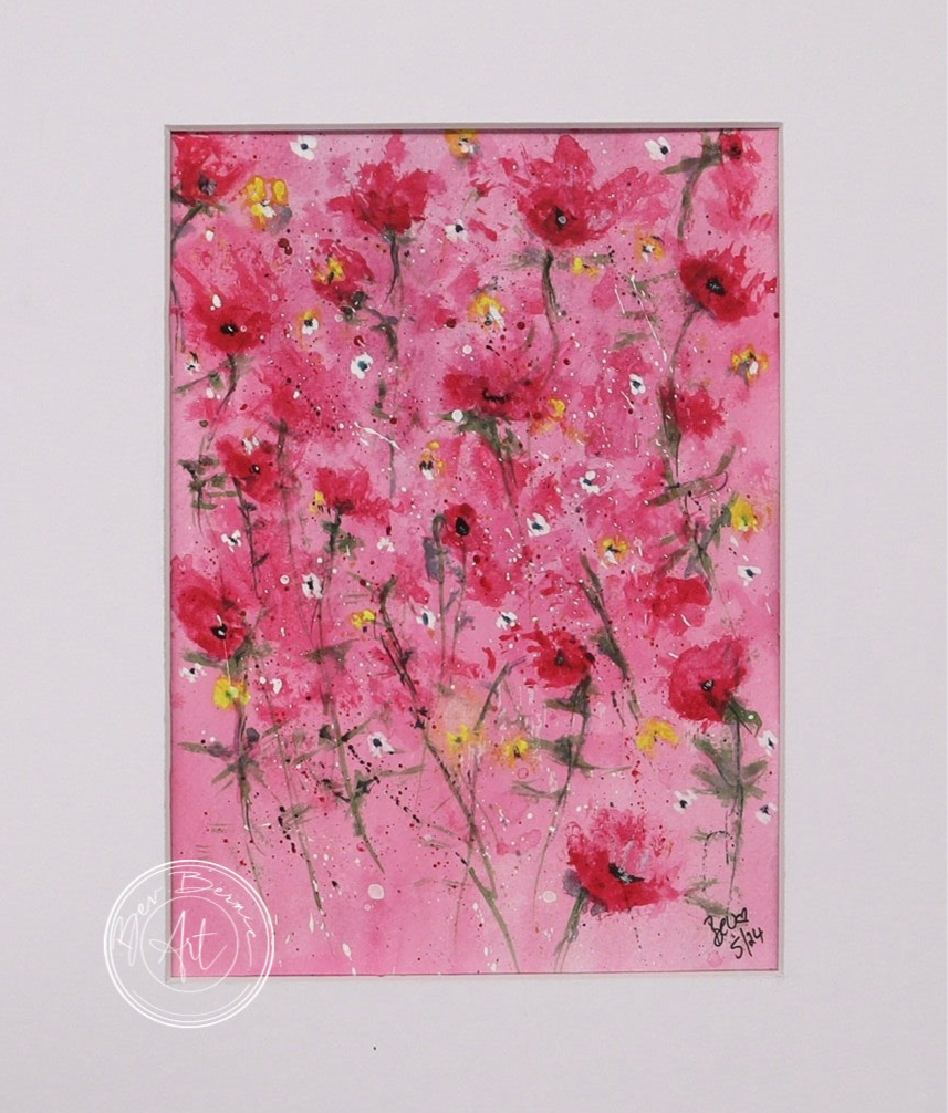 Watercolour painting of red poppies with yellow centres scattered across a bright pink background.