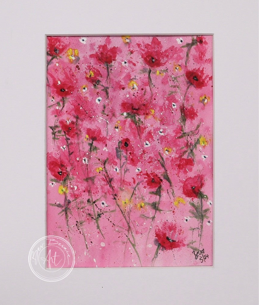 Watercolour painting of red poppies with yellow centres scattered across a bright pink background.