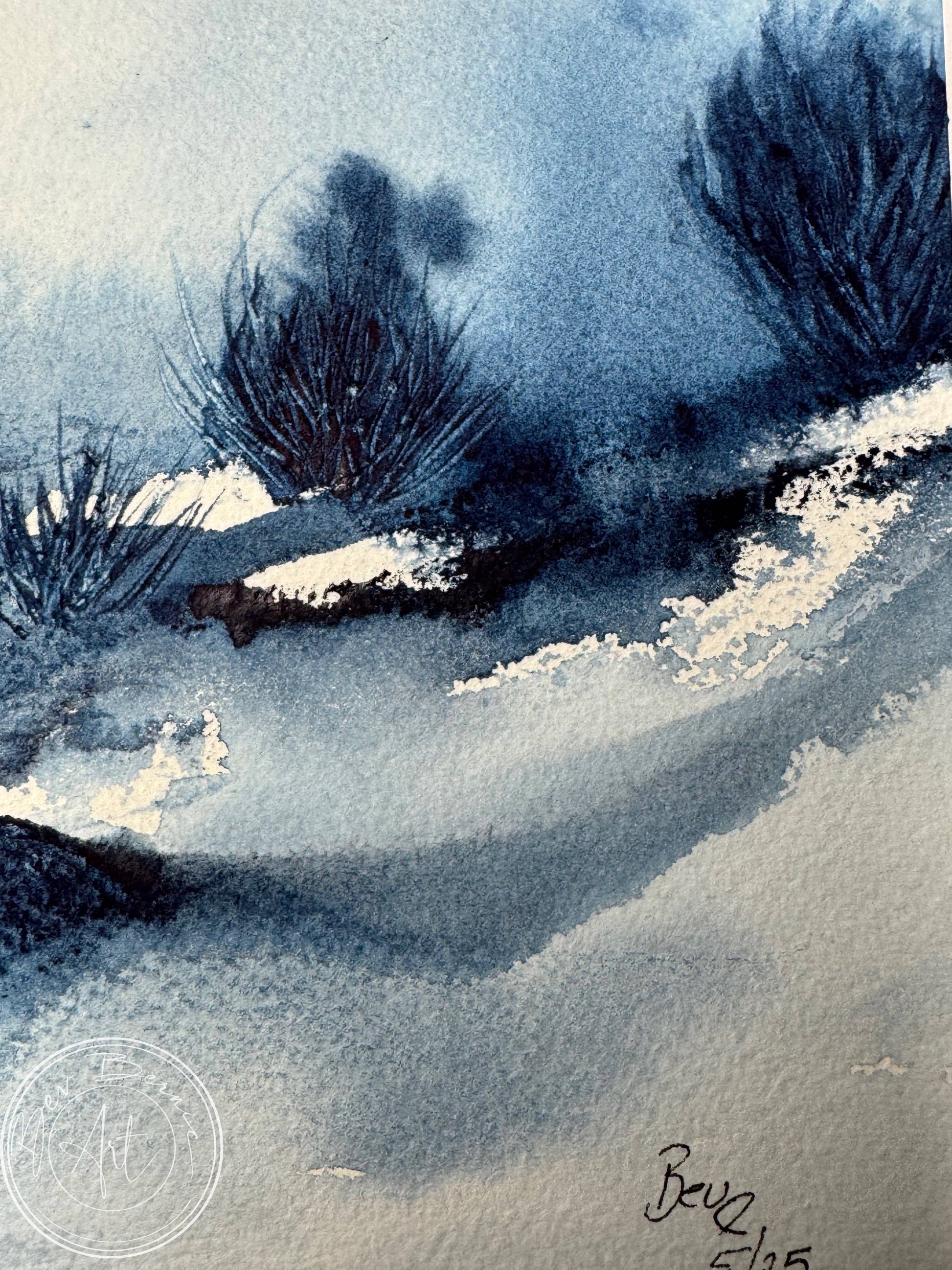 blue watercolour detail painting of bushes