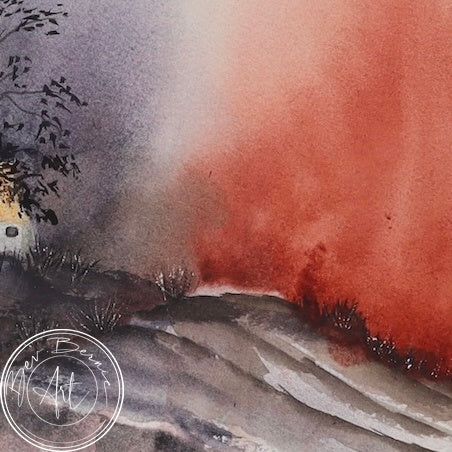 Watercolour painting of a small house nestled in a hilly landscape with a dramatic red and orange sky in the background.