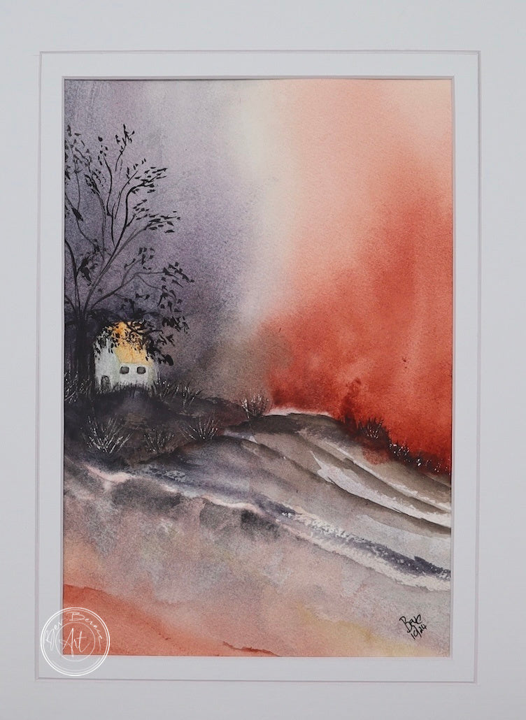 Watercolour painting of a small house nestled in a hilly landscape with a dramatic red and orange sky in the background.