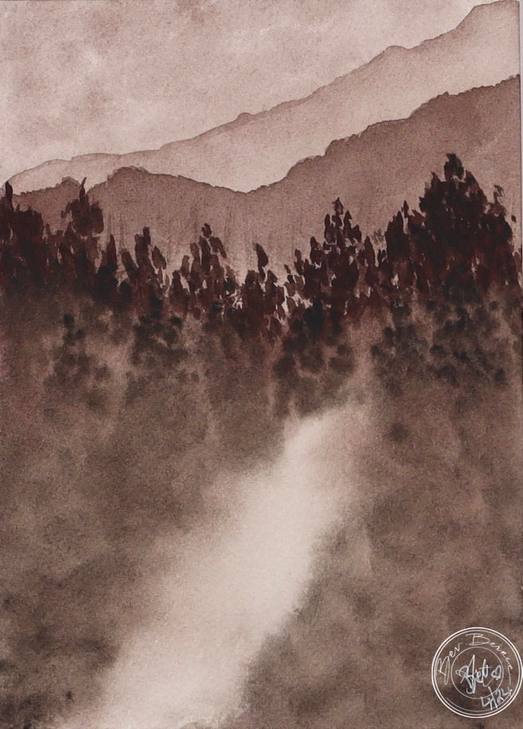 Watercolour painting of a misty forest scene in shades of brown and gray. A faint path or stream leads through the trees towards distant mountains.