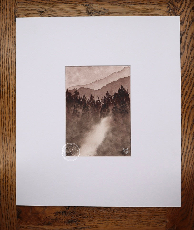 Watercolour painting of a misty forest scene in shades of brown and gray. A faint path or stream leads through the trees towards distant mountains.