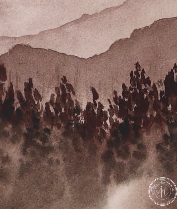 Watercolour painting of a misty forest scene in shades of brown and gray. A faint path or stream leads through the trees towards distant mountains.