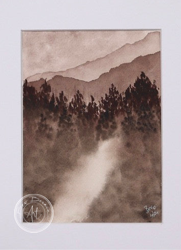 Watercolour painting of a misty forest scene in shades of brown and gray. A faint path or stream leads through the trees towards distant mountains.