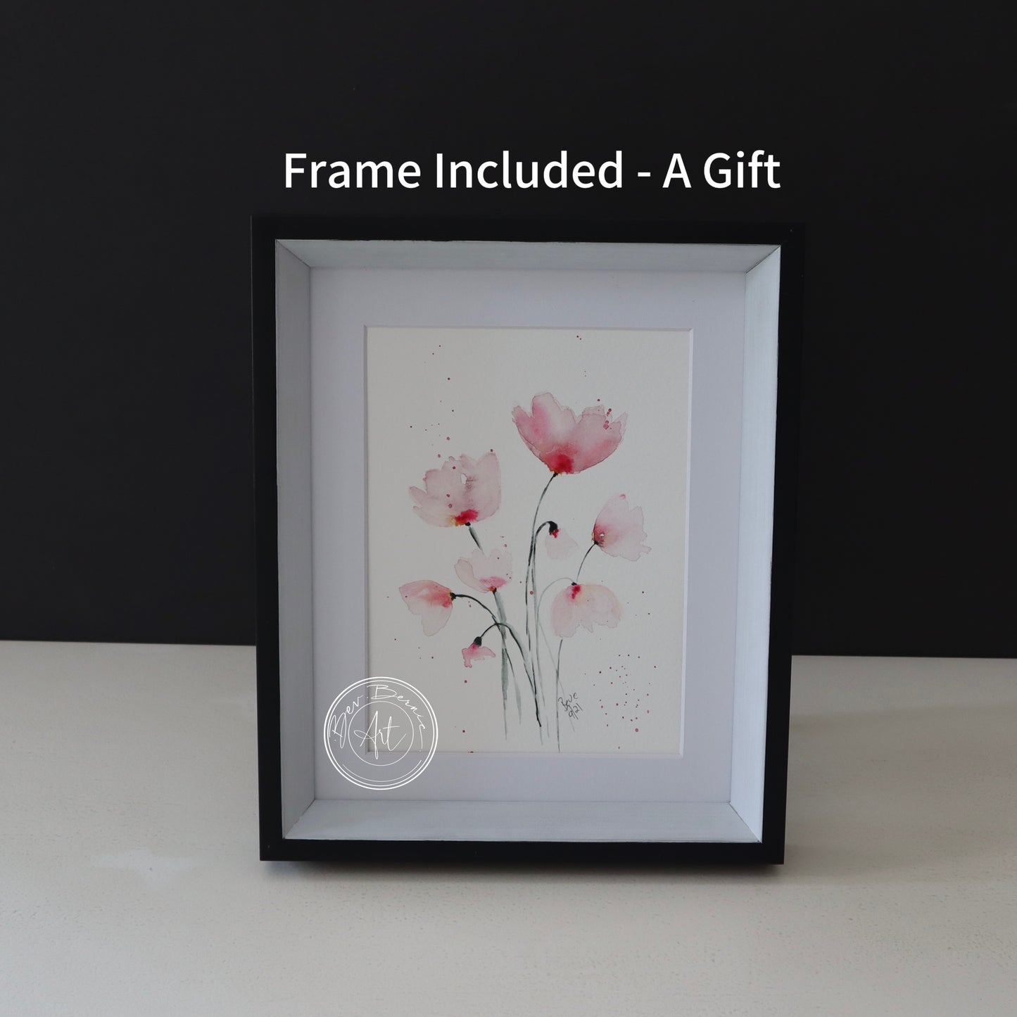 Watercolour painting of a bouquet of pink flowers in a loose, impressionistic style.