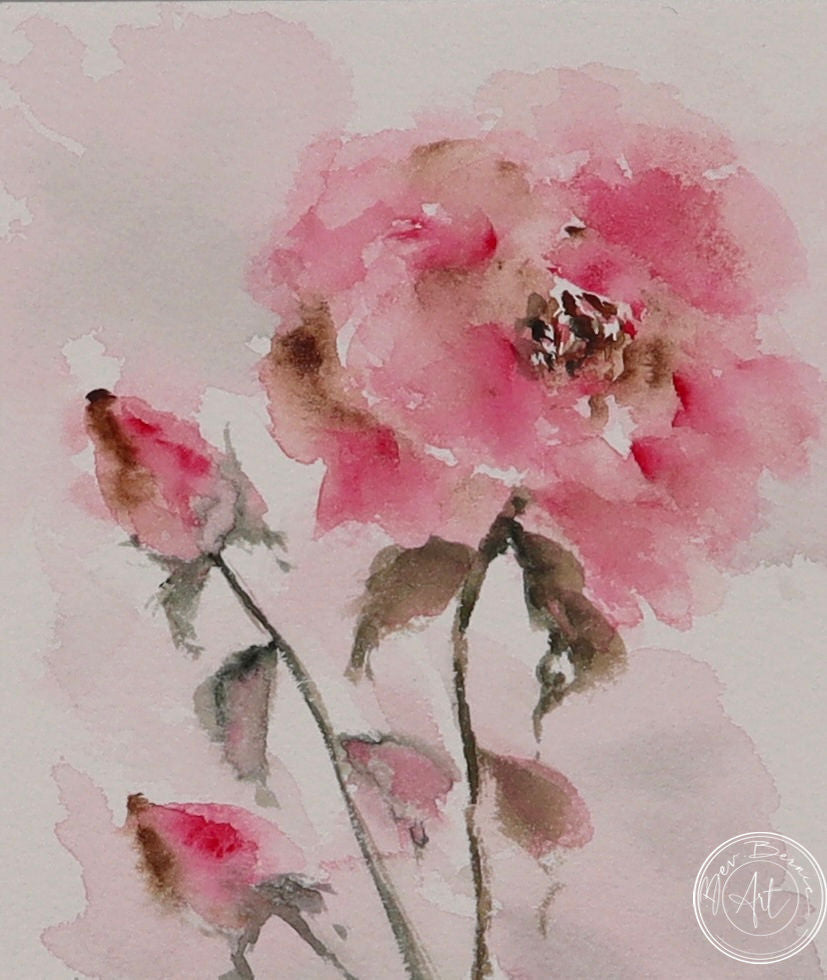 Watercolour painting of a single pink rose with two closed buds on a slender stem, set against a soft, hazy pink background.
