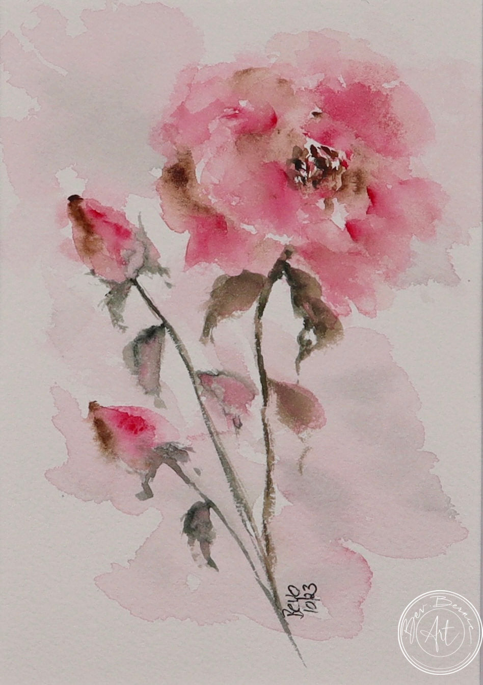 Watercolour painting of a single pink rose with two closed buds on a slender stem, set against a soft, hazy pink background.