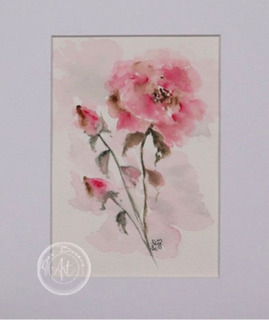Watercolour painting of a single pink rose with two closed buds on a slender stem, set against a soft, hazy pink background.