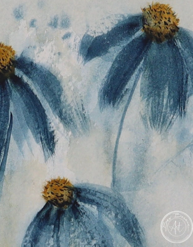 Painting of three blue daisy-like flowers with yellow centres and long stems, rising from a patch of blue-green grass against a light blue and white background.